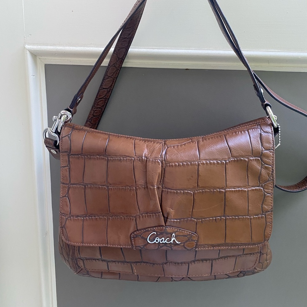 SOLD. Coach Ashley Tan Croc-Embossed Shoulder Bag with Crossbody strap Excellent